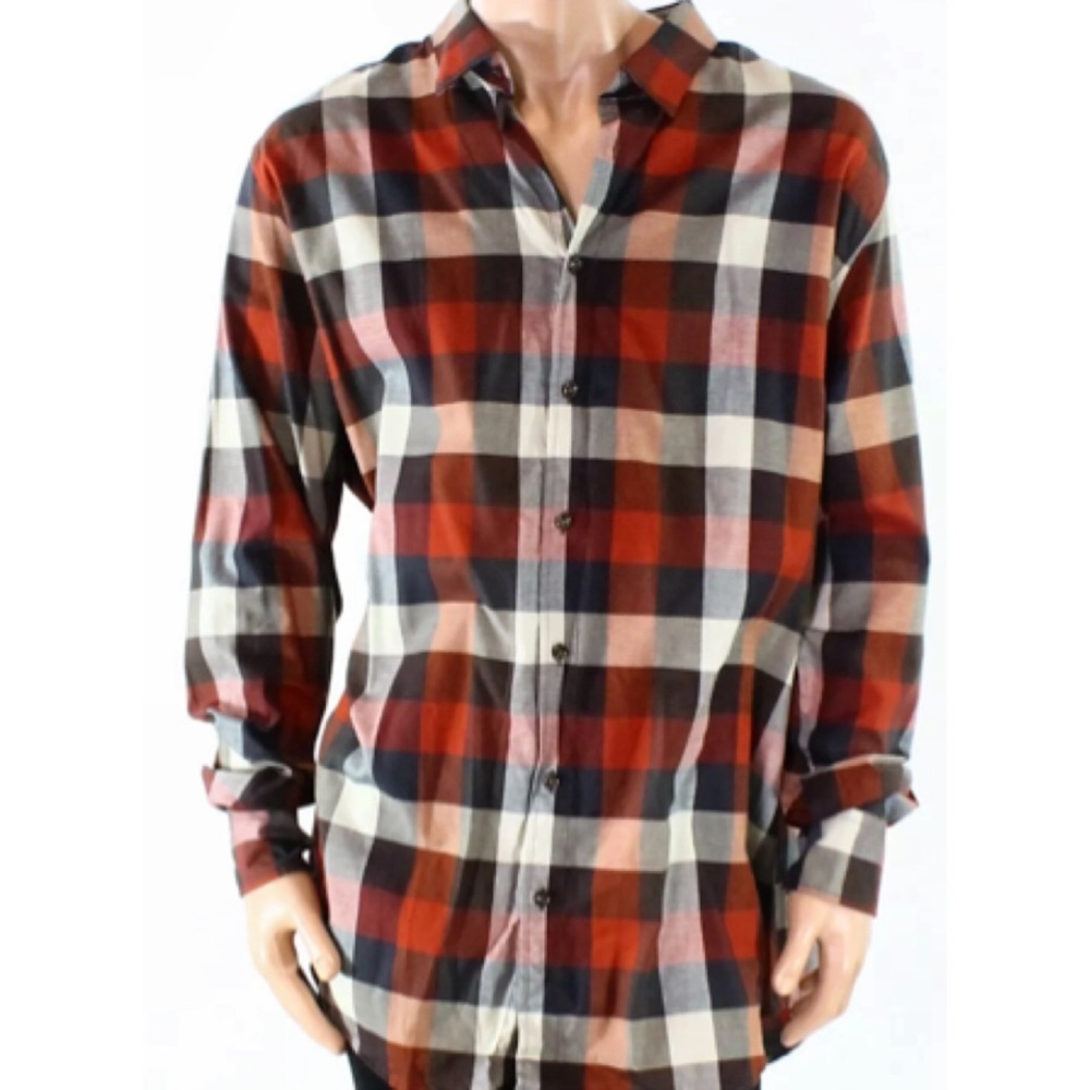 - Tasso Elba L TALL Rust Brushed Woven Plaid Shirt! NEW! - Picture 2 of 10